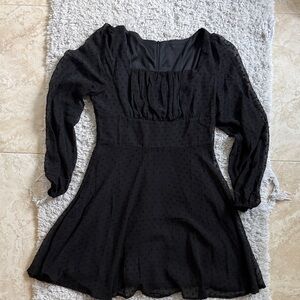 Black Long-Sleeve Swiss Dot Square Neck Dress
